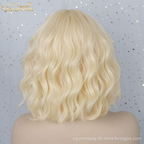 Short Blonde Wavy Bob Wig with Bangs for Women Girls Natural Looking Pastel Blonde Wigs Curly for Daily Cosplay Halloween